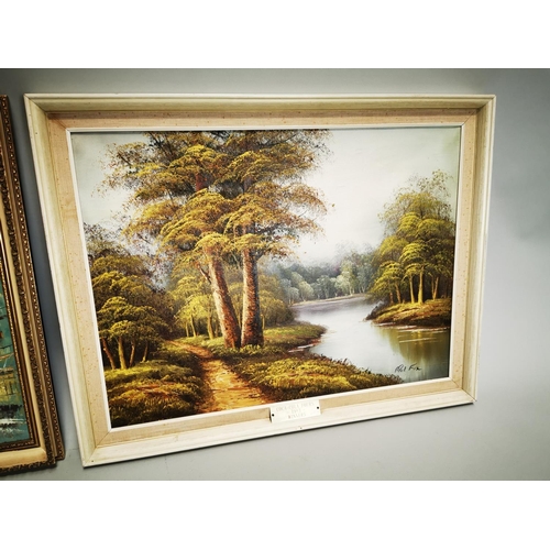 92 - Two framed oil on canvas -Woodland Scene and City Scene. {54 cm H x 69 cm L}