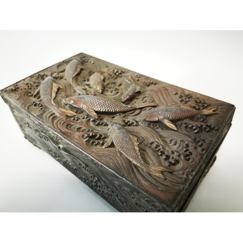93 - 19th C. embossed bronzed spelter box decorated with Koi carp in the Oriental style. {9 cm H x 23 cm ... 