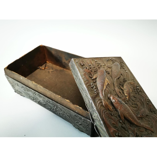 93 - 19th C. embossed bronzed spelter box decorated with Koi carp in the Oriental style. {9 cm H x 23 cm ... 