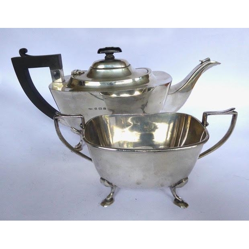12 - Plain rectangular silver teapot, with Bakelite handle and finial, and matching silver sugar bowl, on... 