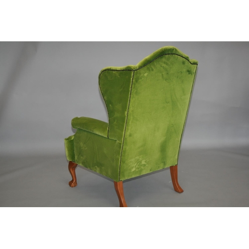 34 - Chippendale style velvet upholstered wing back arm chair 80 W x 120 H x 75 H
