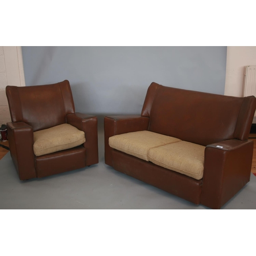 46 - Vintage leatherette two seater and matching chair 132 W x 85 H x 80 D