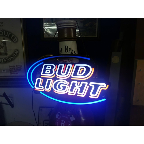 445 - Bud Light NEON advertising sign in working order {36 cm H x 70 cm W}.
