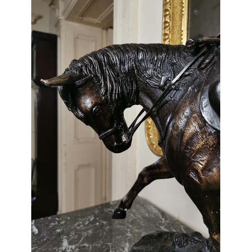106 - Bronze model of a horse and rider mounted on a marble base { 62cm H X 57cm W X 22cm D }.