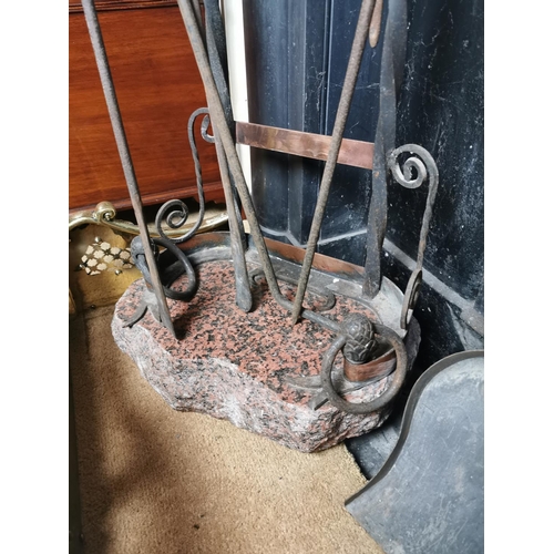 63 - Arts and Crafts copper and metal companion set mounted on marble base { 112cm H X 36cm W X 19cm D }.