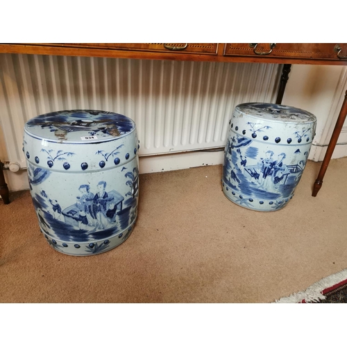 934 - Pair of Oriental ceramic blue and white garden stools {46 cm H x 38 cm Dia.}.