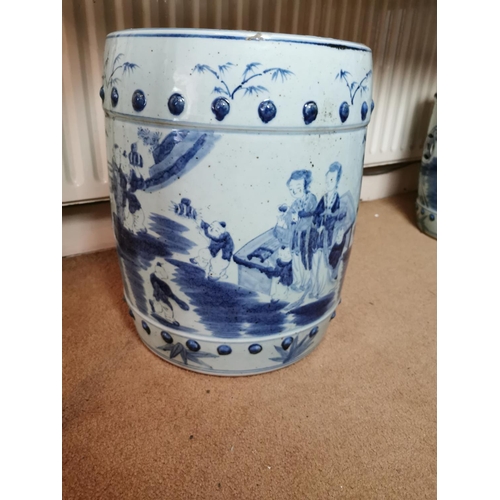 934 - Pair of Oriental ceramic blue and white garden stools {46 cm H x 38 cm Dia.}.