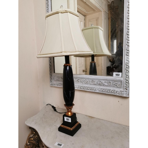 101 - Pair of decorative table lamps with gilded metal and marbelized bases and cloth shades { 70cm H X 26... 