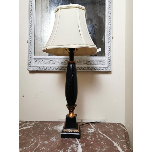 101 - Pair of decorative table lamps with gilded metal and marbelized bases and cloth shades { 70cm H X 26... 
