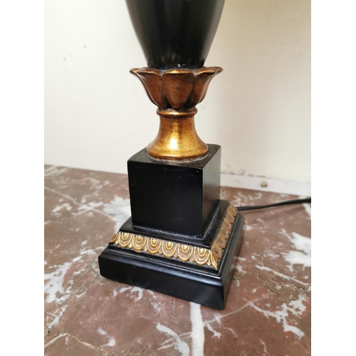 101 - Pair of decorative table lamps with gilded metal and marbelized bases and cloth shades { 70cm H X 26... 