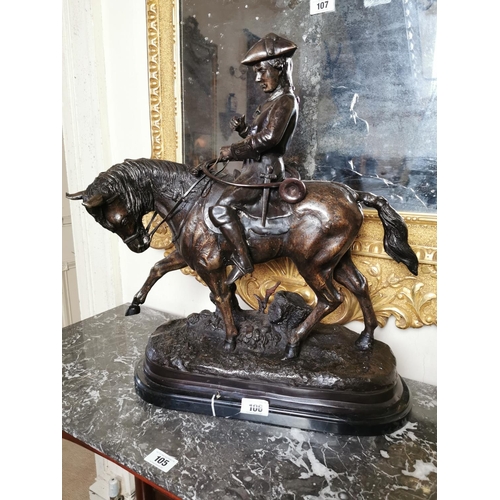 106 - Bronze model of a horse and rider mounted on a marble base { 62cm H X 57cm W X 22cm D }.