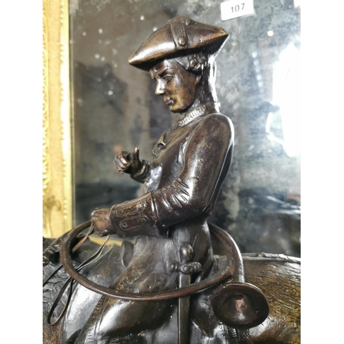 106 - Bronze model of a horse and rider mounted on a marble base { 62cm H X 57cm W X 22cm D }.