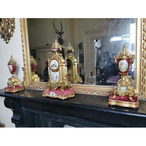 114 - 19th. C. gilded metal three piece clock garniture with porcelain panels { clock 45cm H X 27cm W X 16... 