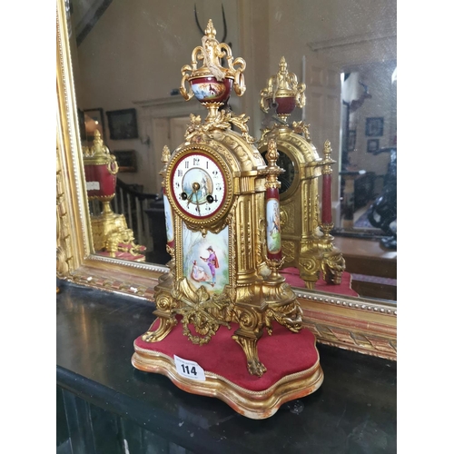 114 - 19th. C. gilded metal three piece clock garniture with porcelain panels { clock 45cm H X 27cm W X 16... 