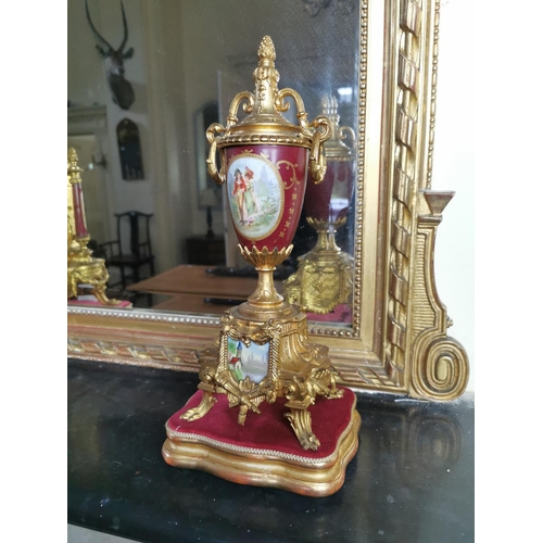 114 - 19th. C. gilded metal three piece clock garniture with porcelain panels { clock 45cm H X 27cm W X 16... 