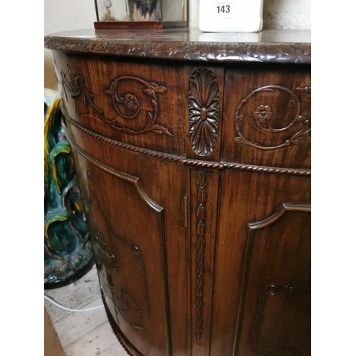 145 - Mahogany demi - lune side cabinet in the Adam's style { 92cm H X 105cm W X 47cm D }