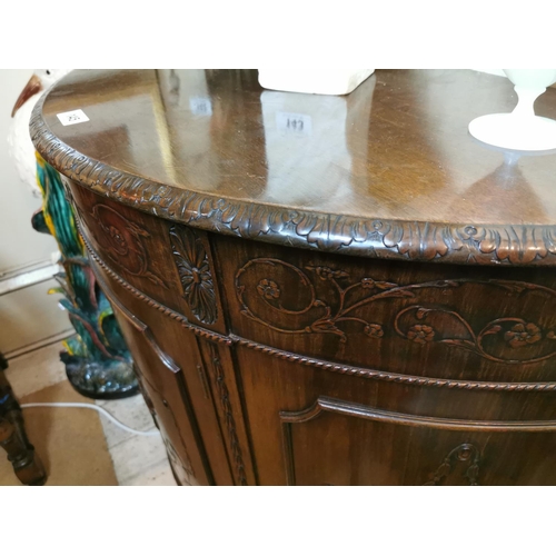 145 - Mahogany demi - lune side cabinet in the Adam's style { 92cm H X 105cm W X 47cm D }
