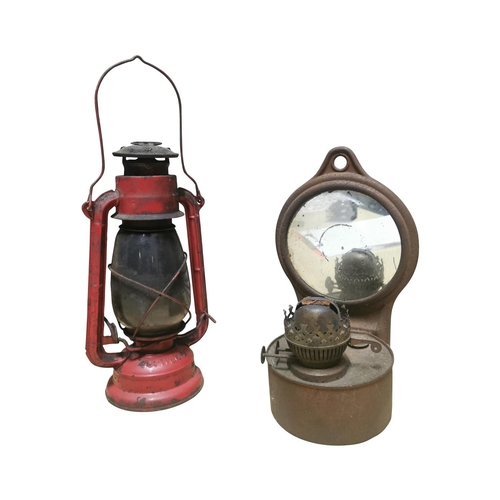15 - Early 20th C. tin hurricane lamp {33cm H} and early 20th C. wall lamp {30cm H}