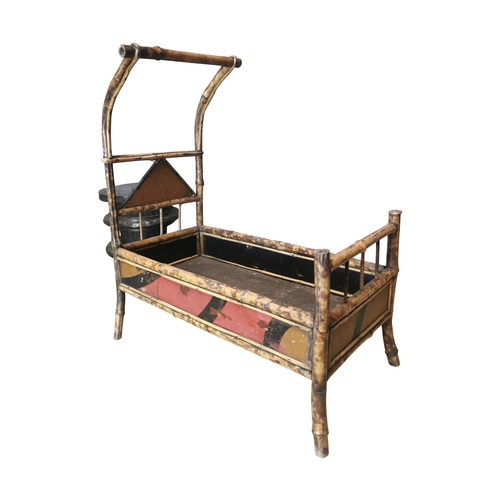 36 - Unusual early 20th C. bamboo doll's cot with hand painted oriental handles { 67 cm H x 37 cm L cm 22... 