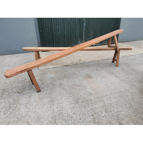 45A - Pair of 19th C. fruit wood benches on sqaure legs {46 cm H x 280 cm W x 30 cm D}.