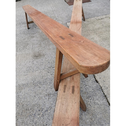 45A - Pair of 19th C. fruit wood benches on sqaure legs {46 cm H x 280 cm W x 30 cm D}.