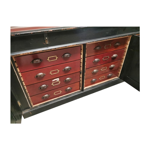 54 - Early 20th C. Museum cabinet the glazed lift up top enclosing a display area above 3 panel doors, ea... 