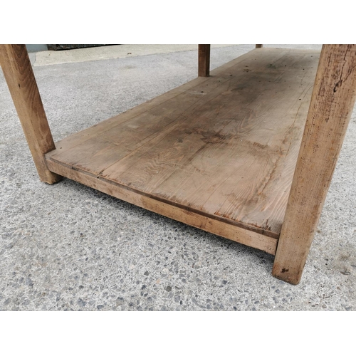 5A - 19th C. pine kitchen table on six square tappered legs and platform base {74 cm H x 280 cm L x 100 c... 