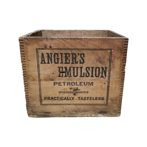 6 - Early 20th C. pine advertising box - Angier's Emulsion Petroleum {28cm H x 33xcm W x 27cm D}
