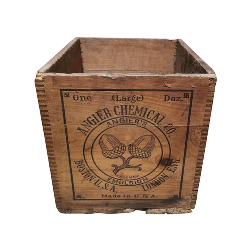 6 - Early 20th C. pine advertising box - Angier's Emulsion Petroleum {28cm H x 33xcm W x 27cm D}