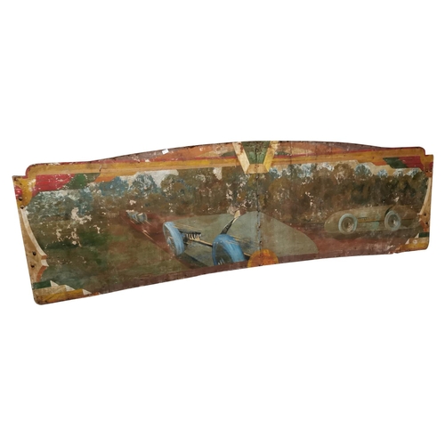 9 - Rare early 20th C. hand painted fairground panel. Decorated with racing cars {90cm H x 304cm L}