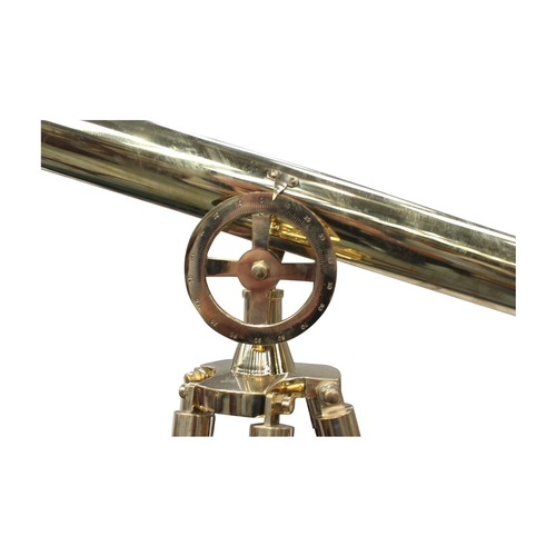 26 - Brass and mahogany telescope mounted on tripod stand { 173 cm H x 100  cm W x  52cm D}