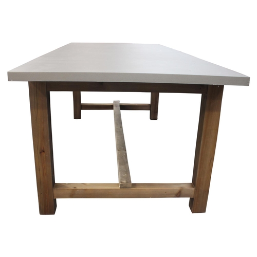 3 - Industrial style pine table, raised on square legs and single stretcher  {78 cm H x 220 cm L x  95 c... 