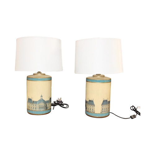 33 - Pair of ceramic table lamps decorated with city scape scenes with shades . { 60cm H x 37cm Dia}