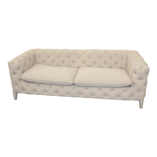 39 - Good quality upholstered deep button three seater Chesterfield sofa  { 70 cm H x 210 cm W x 65 cm D}