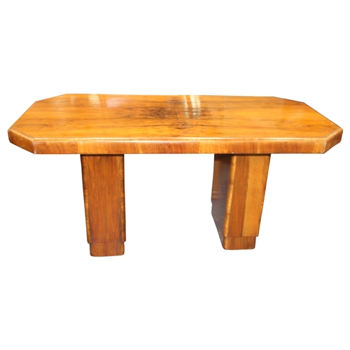 45 - Art Deco style walnut table raised on solid supports { 80cm H x  168cm W x  84cm D}
