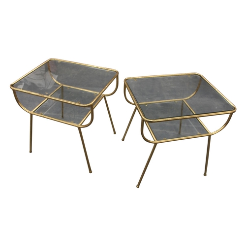 48 - Pair of Retro gilded metal and smoked glass two tier lamp tables  { 46cm H x  47cm W x  40cm D}