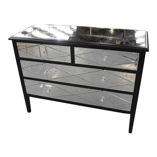 52 - Painted wooden chest of drawers with mirrored insets raised on tapered legs  { 85cm H x  114cm W x  ... 