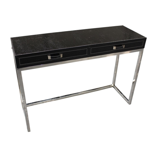 53 - Chrome and leather console table with two drawers in the frieze { 77cm H x  110cm W x 36 cm D}