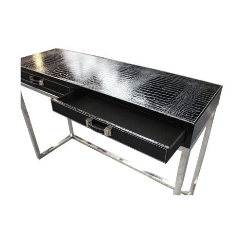 54 - Chrome and leather console table with two drawers in the frieze { 77cm H x  110cm W x 36 cm D}