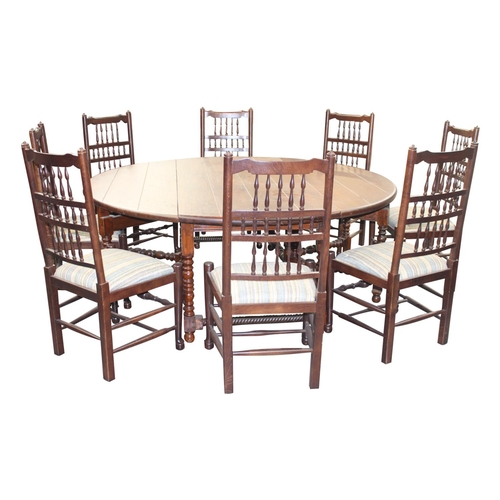 58 - G -Plan oak drop leaf gate leg dining room table { 78cm H X 205cm Dia }  with set of eight dining ro... 