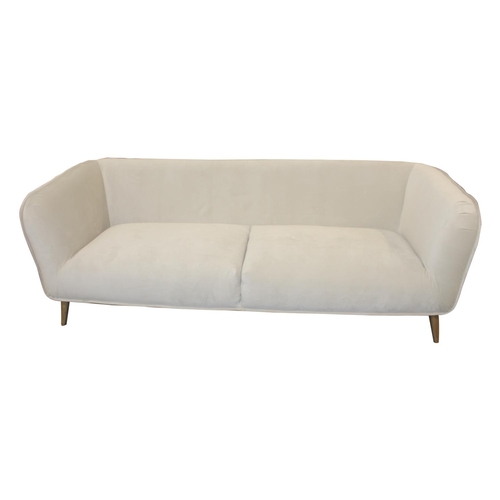 6 - Good quality velvet upholstered three seater designer sofa raised on tapered legs { 76cm H x 223 cm ... 