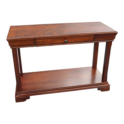 63 - Mahogany console table with drawer in the frieze raised on square legs with frieze  { 75cm H x  111c... 