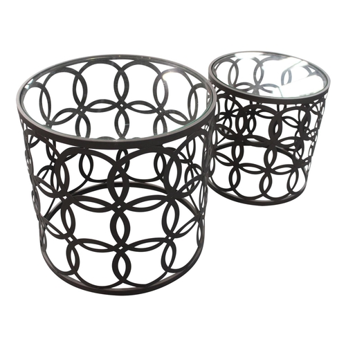 7 - Two decorative metal coffee tables with glass tops {49 cm H x  50cm Sq & 40 cm H x  40cm Sq }