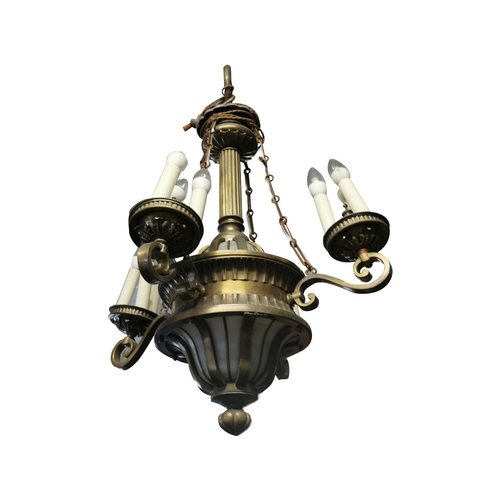 941 - Brass four branch chandelier. {80 cm H x 50 cm Diam}