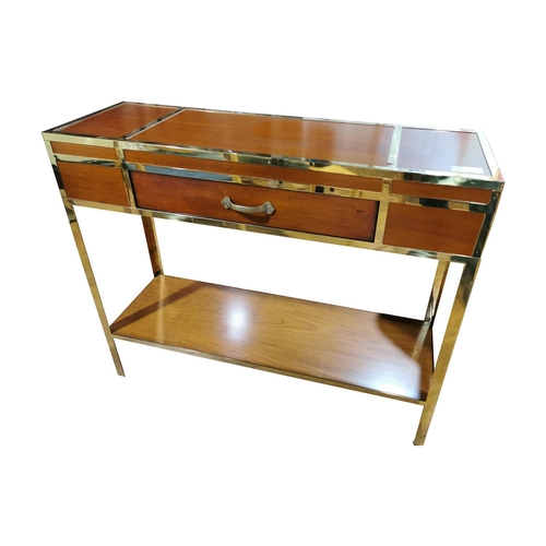 943 - Brass and teak hall console table. {93 cm H x 110 cm W x 26 cm D}