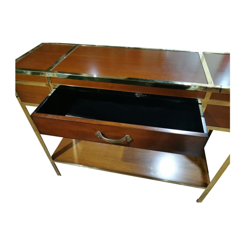 943 - Brass and teak hall console table. {93 cm H x 110 cm W x 26 cm D}