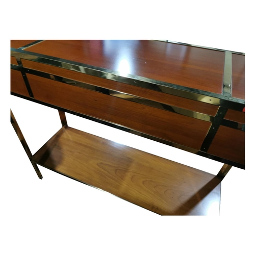 943 - Brass and teak hall console table. {93 cm H x 110 cm W x 26 cm D}