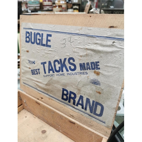 351 - Early 20th C. Bugle Best Tacks Made advertising box {10 cm H x 32 cm W x 26 cm D}.