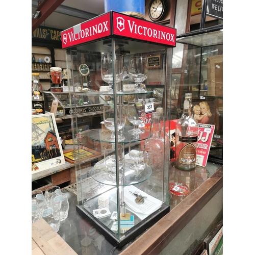 352 - Victorinox glass display advertising cabinet with key {76 cm H x 31 cm W x 31 cm D}.