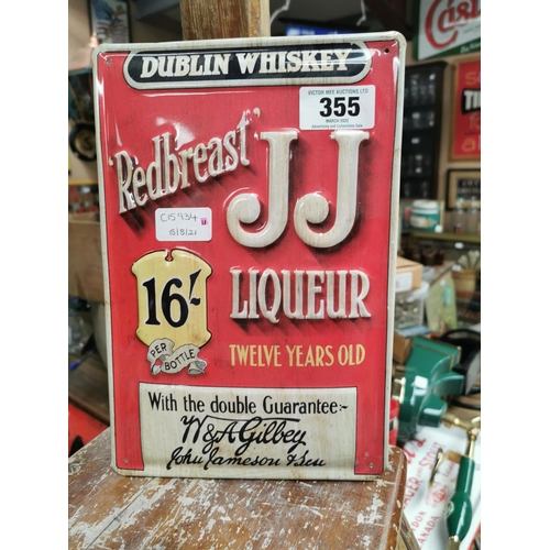 355 - Dublin Whiskey Red Breast tin plate advertising sign {30 cm H x 20 cm W}.